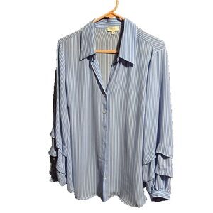 Elegant Blue Striped Women's Blouse, Tailored with Ruffle sleeves sz16